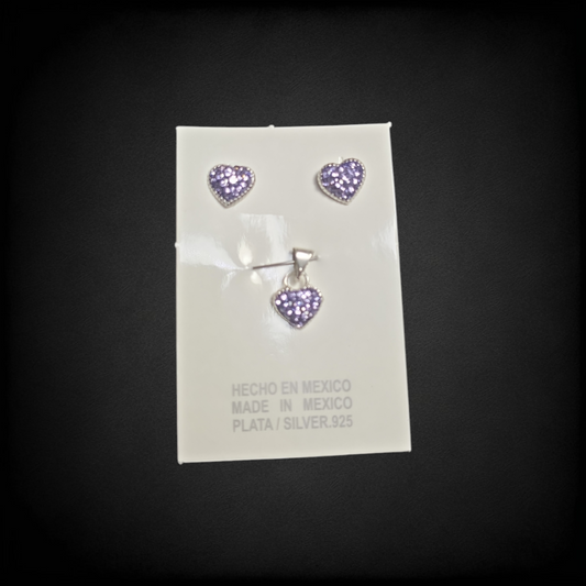 Juego de Plata .925 Aretes y Dije Corazón Lila con Zirconias – Set Femenino