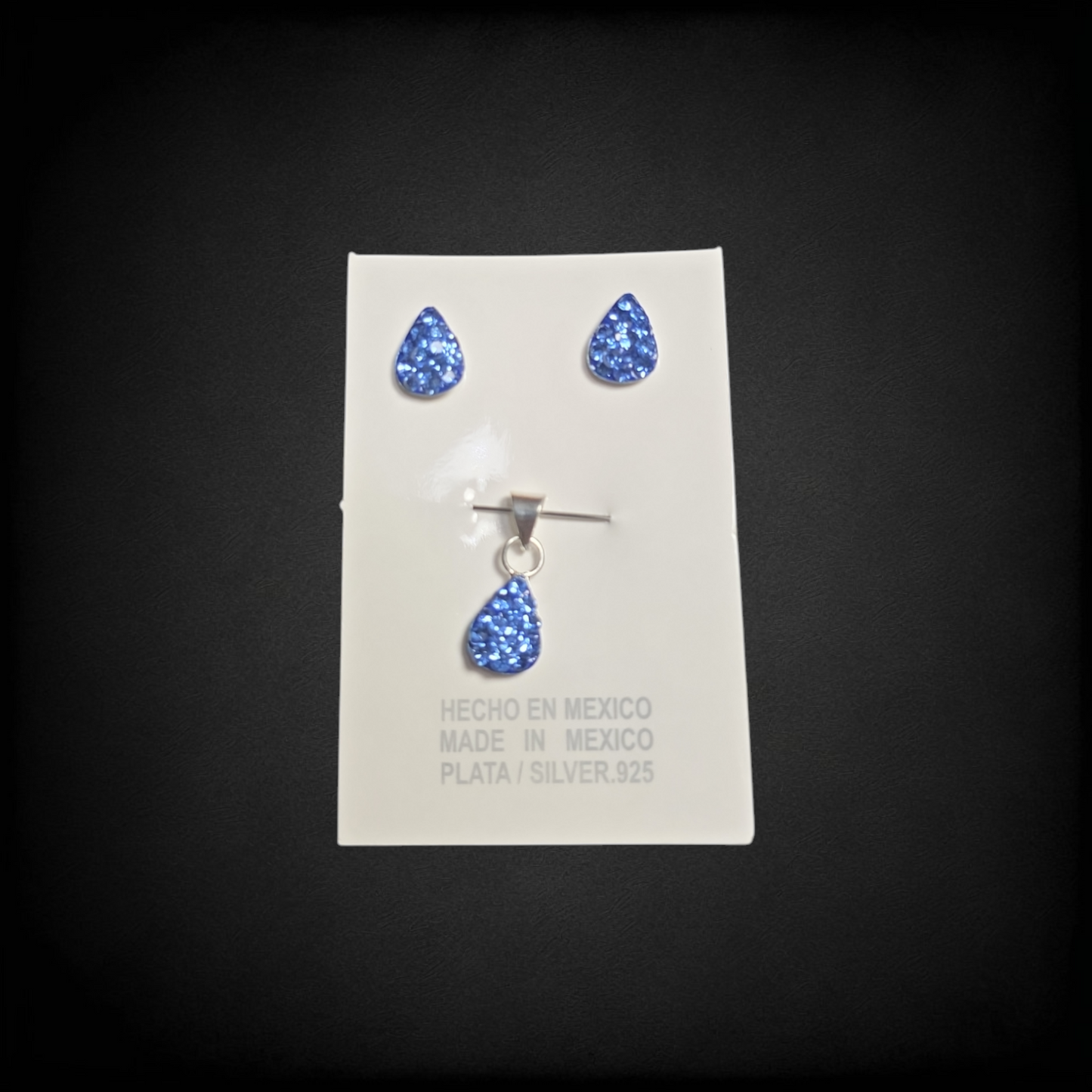 Juego de Plata .925 Aretes y Dije Tipo Gota Azul – Set de Joyería Femenina