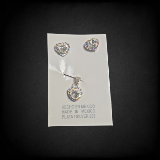Juego de Plata .925 Aretes y Dije Corazón con Zirconias – Set Femenino